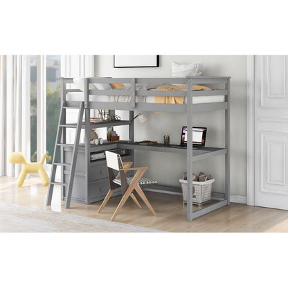 Twin Size Loft Bed with Desk and Shelves, Two Built-in Drawers, Gray