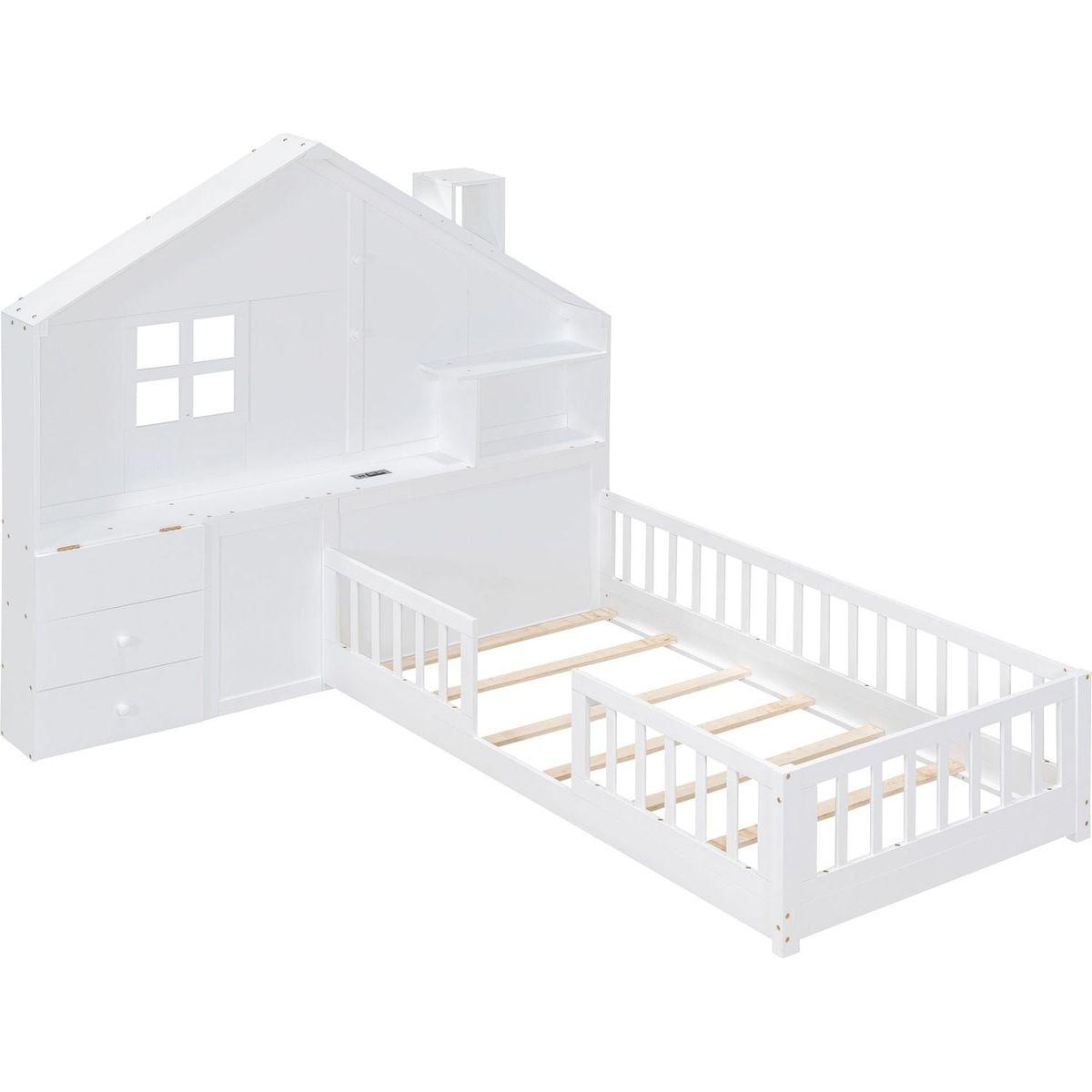 Twin Size House Bed with Window and Bedside Drawers, Platform Bed with Shelves and a set of Sockets and USB Port, White