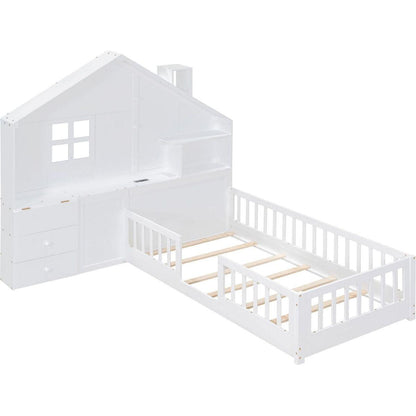 Twin Size House Bed with Window and Bedside Drawers, Platform Bed with Shelves and a set of Sockets and USB Port, White