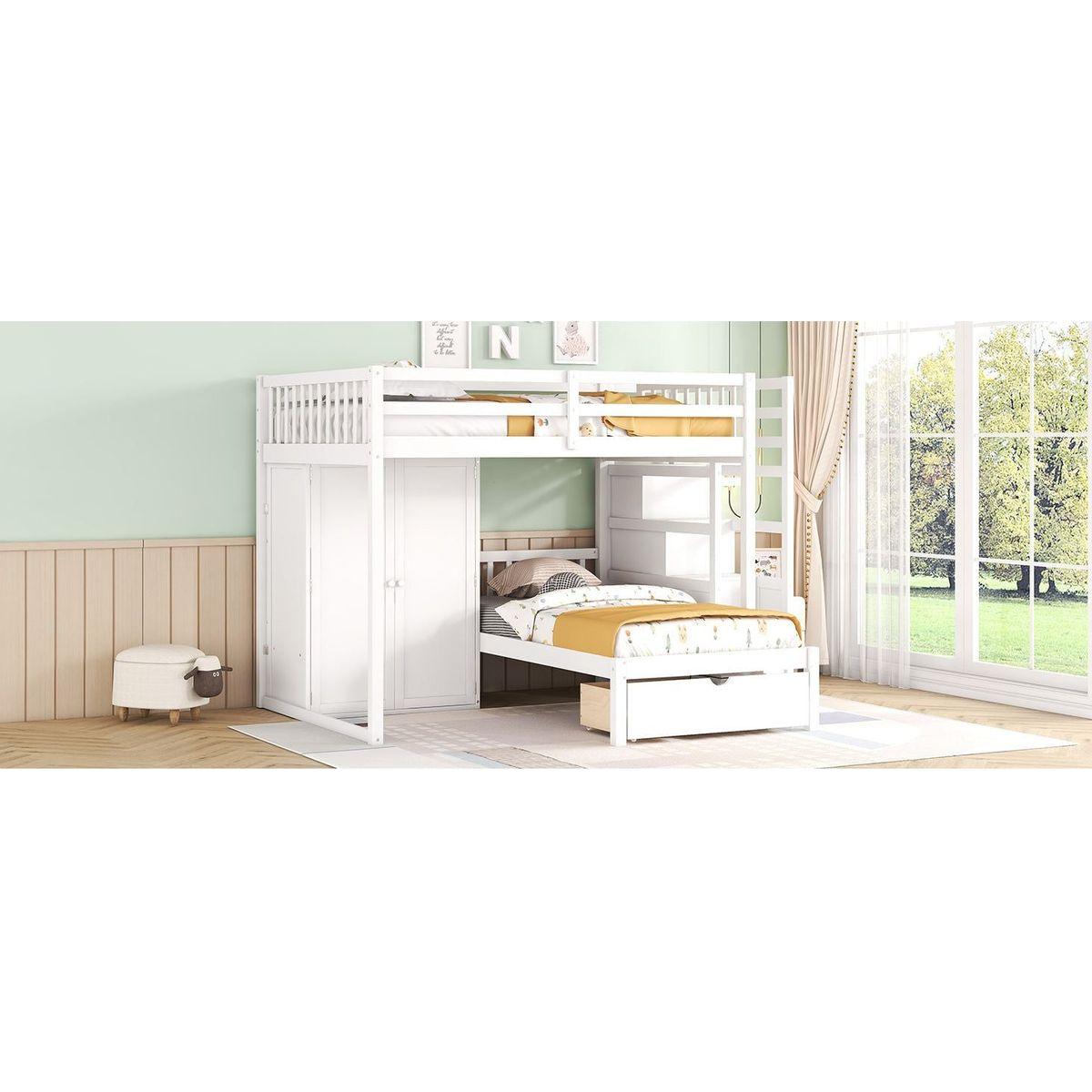 Full Over Twin Bunk Bed with Wardrobe, Drawers, White