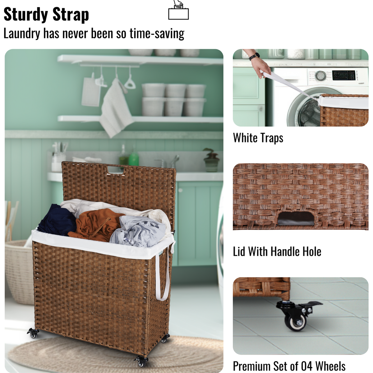 Laundry Hamper With Lid PE Rattan Powder Coating Frame Clothes Hampers with 02 Removable Bags, Wheels, 160L, Brown Color