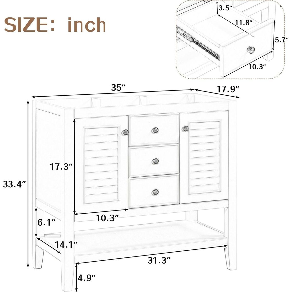 36" Bathroom Vanity without Sink, Cabinet Base Only, Two Cabinets and Drawers, Open Shelf, Solid Wood Frame, Grey