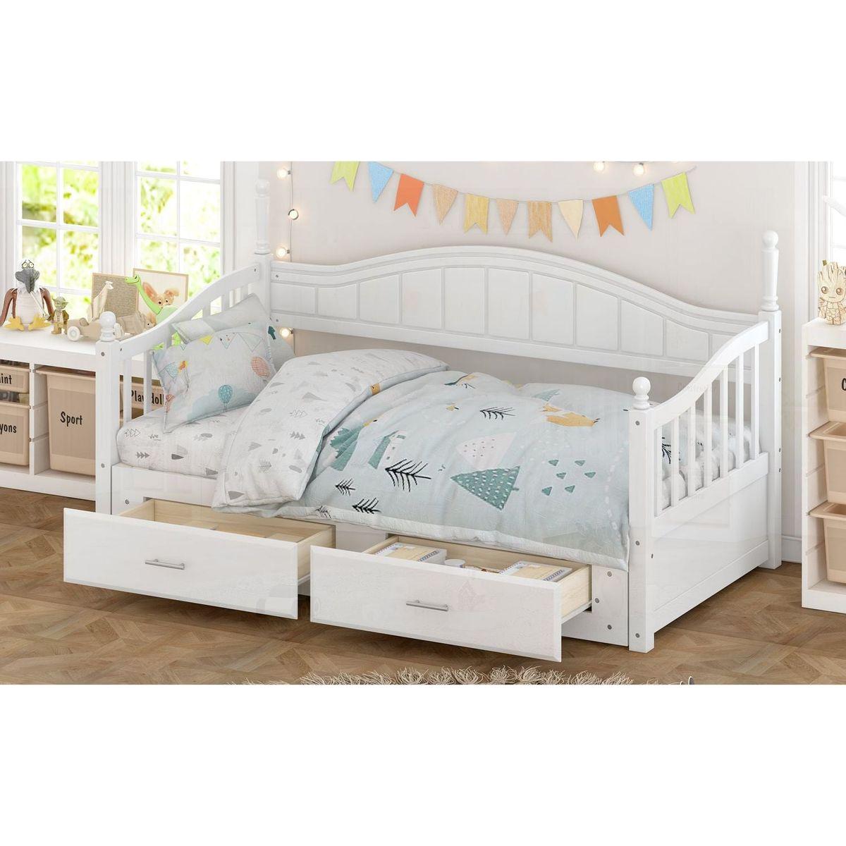 Wooden Twin Size Daybed with Twin Size Trundle, Extendable Daybed with Two Storage Drawers,White