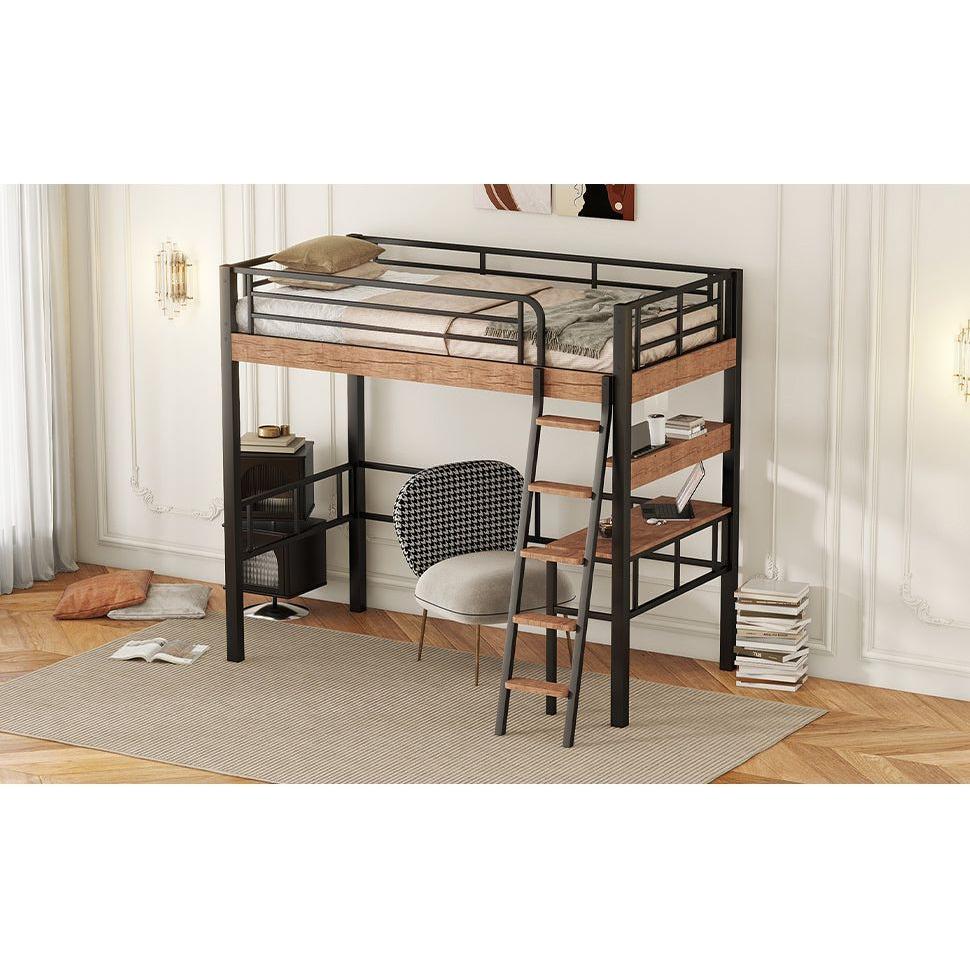 Metal Twin Size Loft Bed with Built-in Desk, Storage Shelf and Ladder, Black
