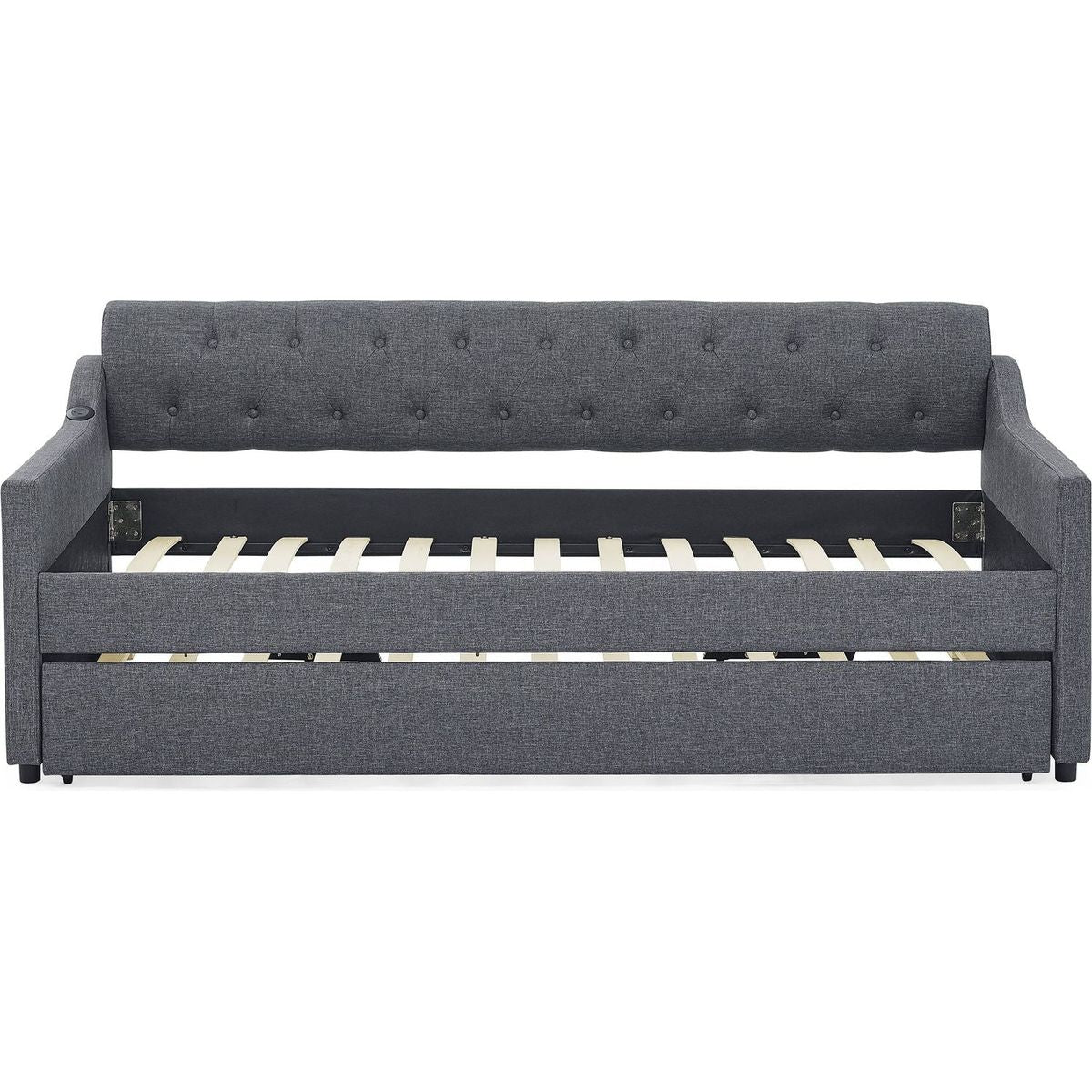 Twin Size Upholstery DayBed with Twin Size Erectable Trundle and USB Charging Design, Linen Dark Gray