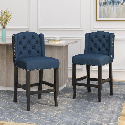 Vienna Contemporary Fabric Tufted Wingback 27 Inch Counter Stools, Set of 2, Navy Blue and Dark Brown - Streamdale Furniture