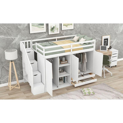 Functional Loft Bed with 3 Shelves, 2 Wardrobes and 2 Drawers, Ladder with Storage, No Box Spring Needed, White