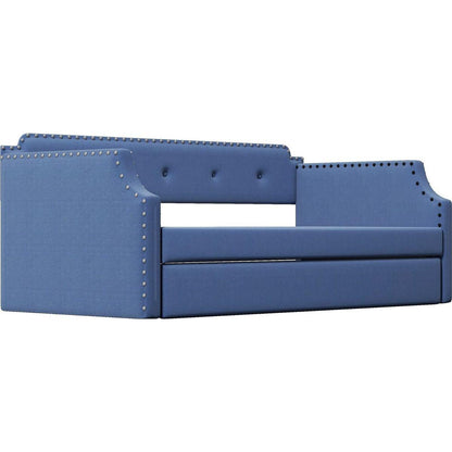 Upholstered Daybed with Trundle, Wood Slat Support,Upholstered Frame Sofa Bed, Twin,Blue