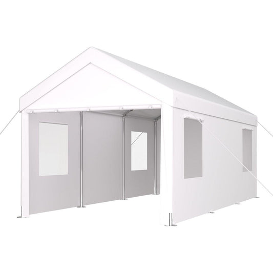 Carport 10' x 20' Portable Garage, Heavy Duty Car Port Canopy with 2 Roll-up Doors & 4 Ventilated Windows for Car, Truck, Boat, Garden Tools ,white