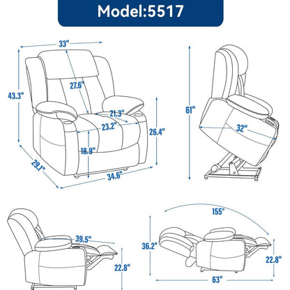 Up to 350 LBS Chenille Power Lift Recliner Chair, Heavy Duty Motion Mechanism with 8-Point Vibration Massage and Lumbar Heating, USB and Type-C Ports, Stainless Steel Cup Holders, Brown