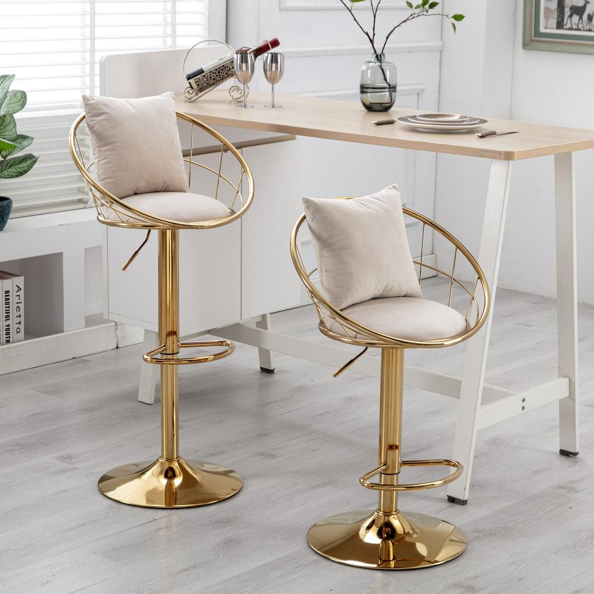 Off-White velvet bar chair, pure gold plated, unique design,360 degree rotation, adjustable height,Suitable for Dining room and bar,set of 2