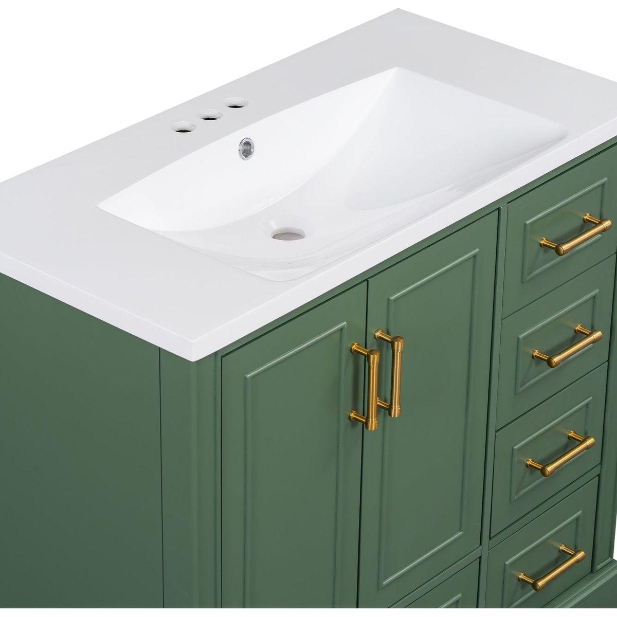 36-inch Traditional Bathroom Vanity with Resin Sink Combo Set, Green Bathroom Cabinet with Two Doors and Four Drawers