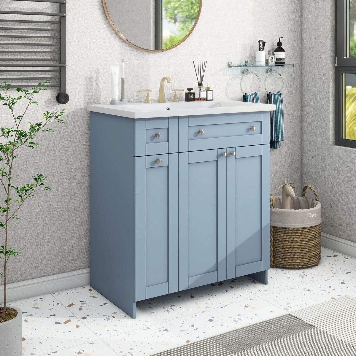 Modern 30-Inch Bathroom Vanity Cabinet with Easy-to-Clean Resin Integrated Sink in Blue