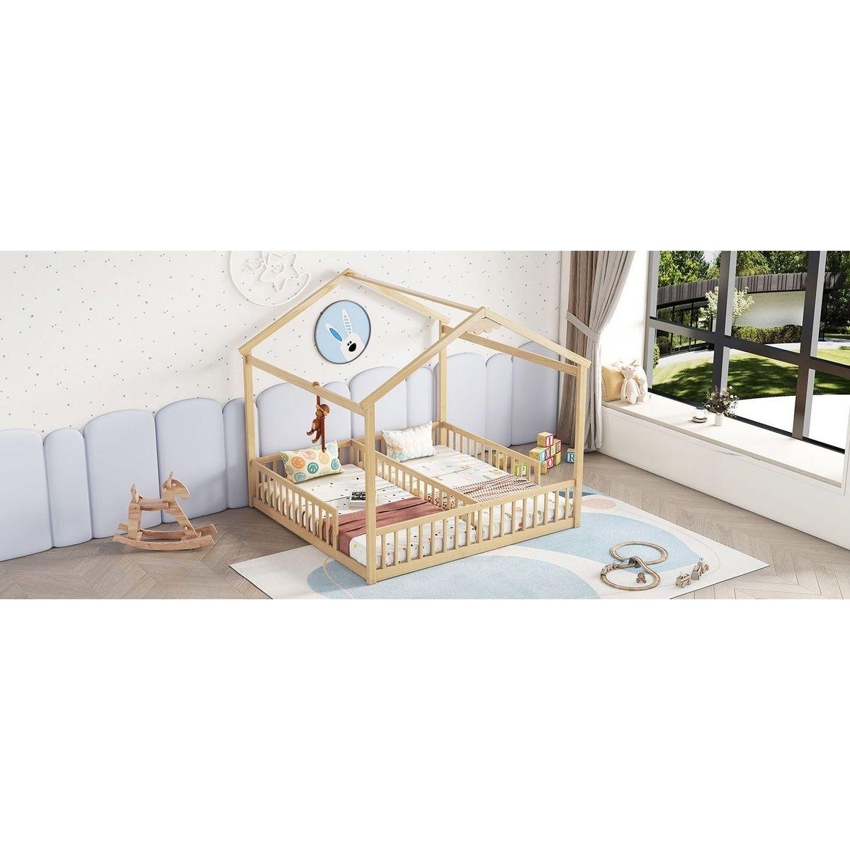 Double Twin House-Style Floor Bed with Fence, Guardrails, without door, Natural