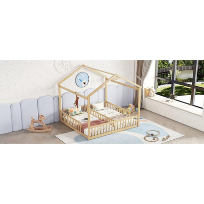 Double Twin House-Style Floor Bed with Fence, Guardrails, without door, Natural
