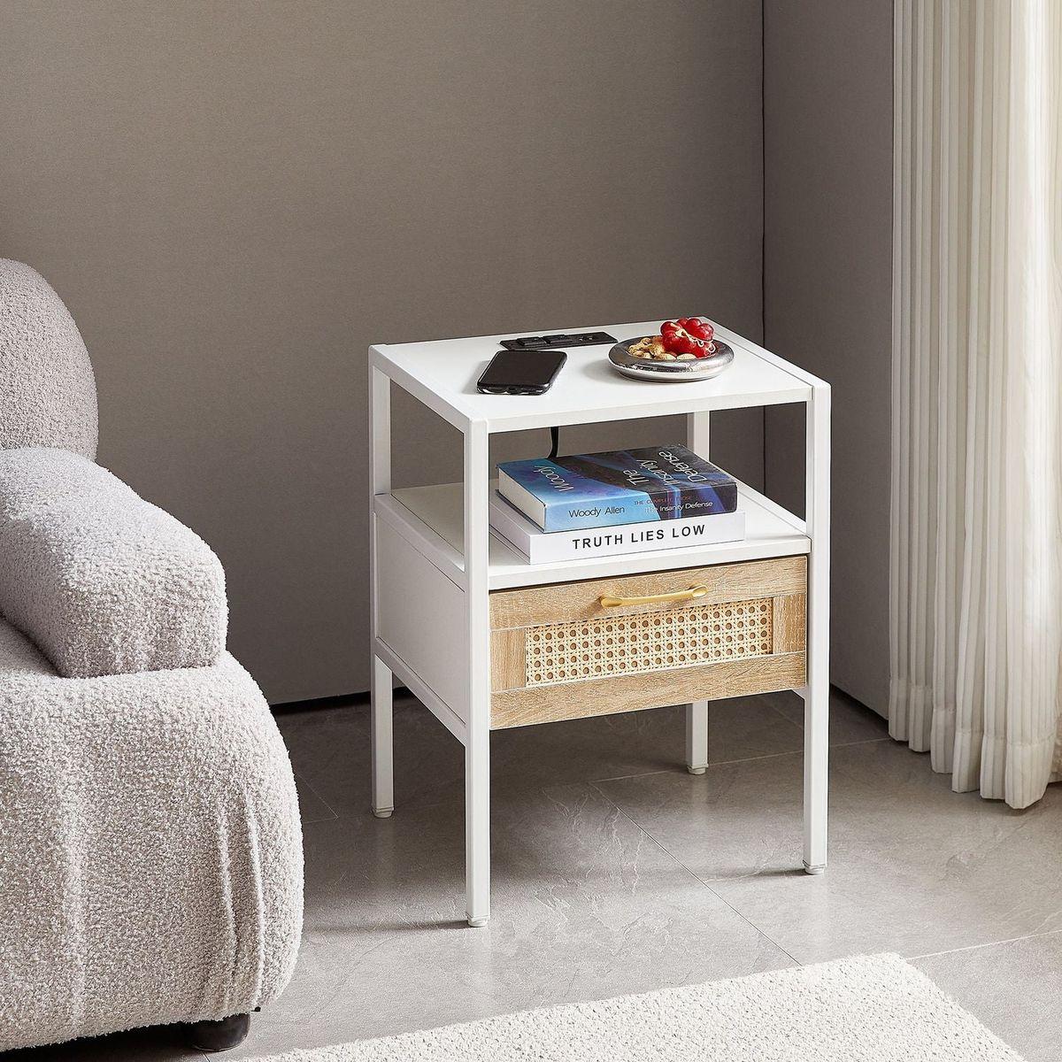 Set of 2, 15.75" Rattan End table with Power Outlet & USB Ports, Modern nightstand with drawer and metal legs, side table for living room, bedroom,white