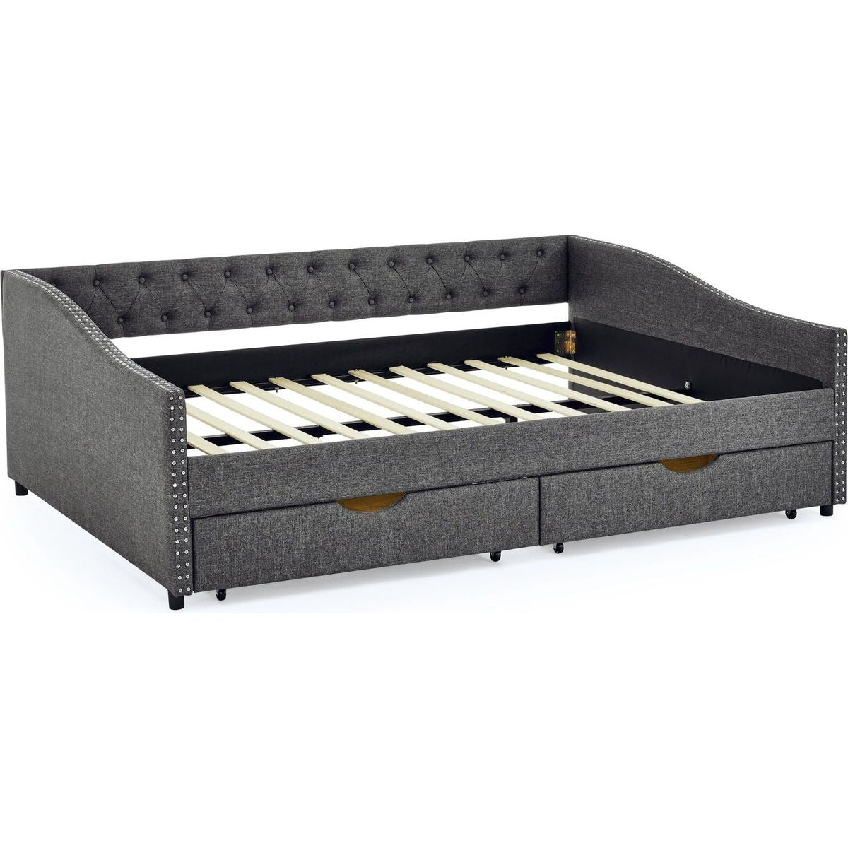 Queen Size Daybed with Drawers Upholstered Tufted Sofa Bed,,with Button on Back and Copper Nail on Waved Shape Arms(84.5"x63.5"x26.5")