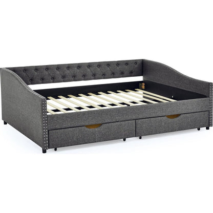 Queen Size Daybed with Drawers Upholstered Tufted Sofa Bed,,with Button on Back and Copper Nail on Waved Shape Arms(84.5"x63.5"x26.5")