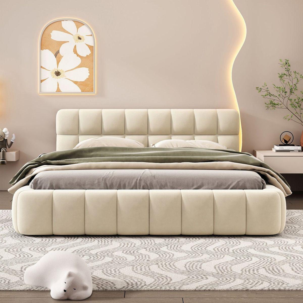 Queen Size Upholstered Platform Bed with Thick Fabric, Grounded Bed with Solid Frame, Beige