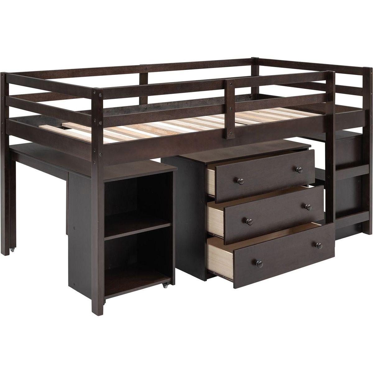 Low Study Twin Loft Bed with Cabinet and Rolling Portable Desk - Espresso