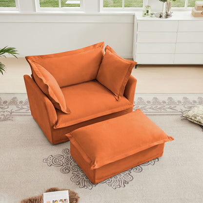 Upholstered Slipcovered Armchair with Ottoman,  Deep Seat Armchair W/ Wide Ottoman for Living Room, Armchair Sets with Large Soft Pillows(Set of 2),Chenille Fabric,Orange