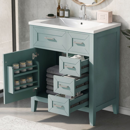 30' Bathroom Vanity with Sink Combo, Green Bathroom Cabinet with Drawers, Solid Frame and MDF Board (Old Sku:N725S999222F)