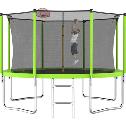 12FT Trampoline Green for Kids & Adults with Basketball Hoop and Ball ,Recreational Trampolines with Safety Enclosure for Back Yard Outdoor