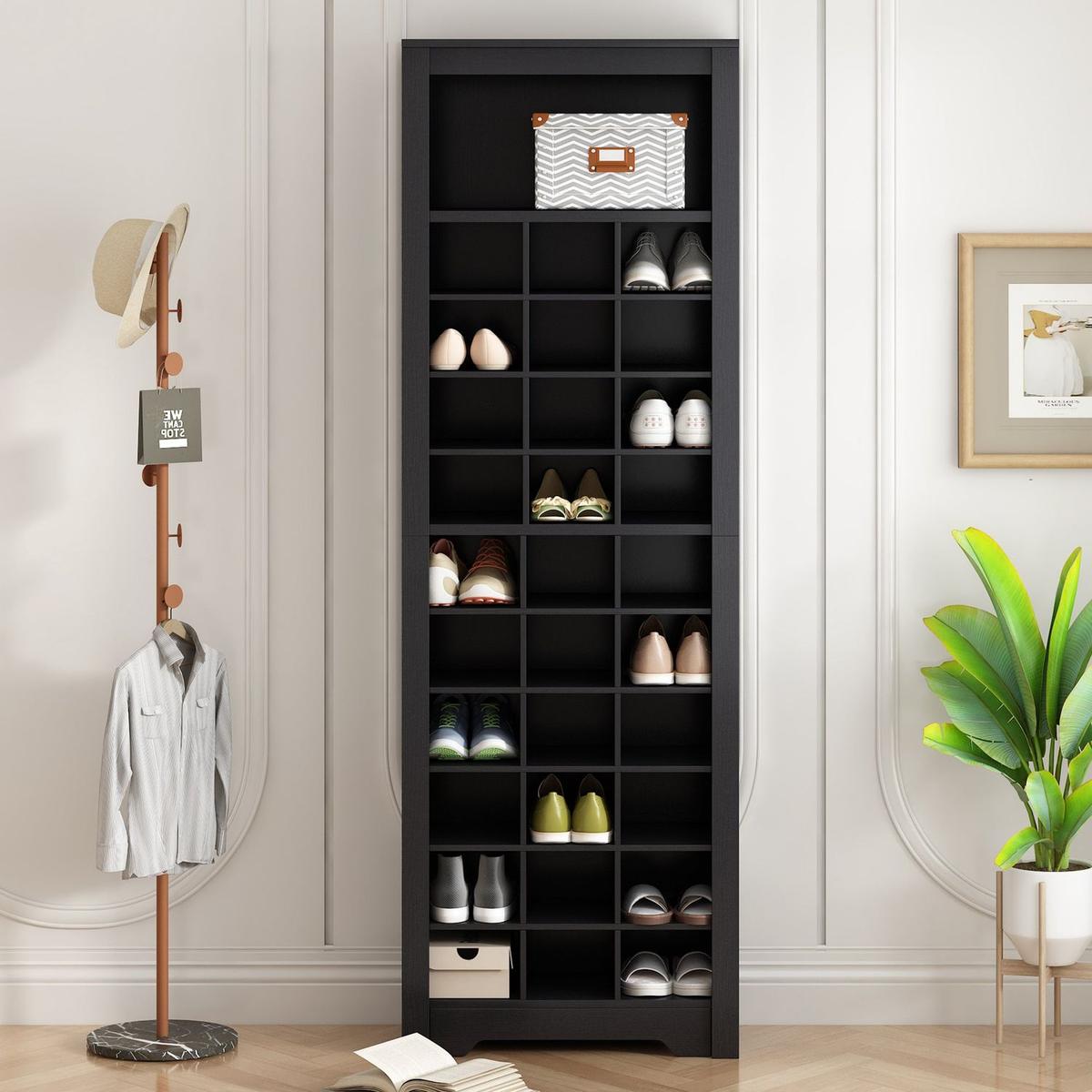 Stylish Design 30 Shoe Cubby Console, Contemporary Shoe Cabinet with Multiple Storage Capacity, Free Standing Tall Cabinet with Versatile Use for Hallway, Bedroom, Black