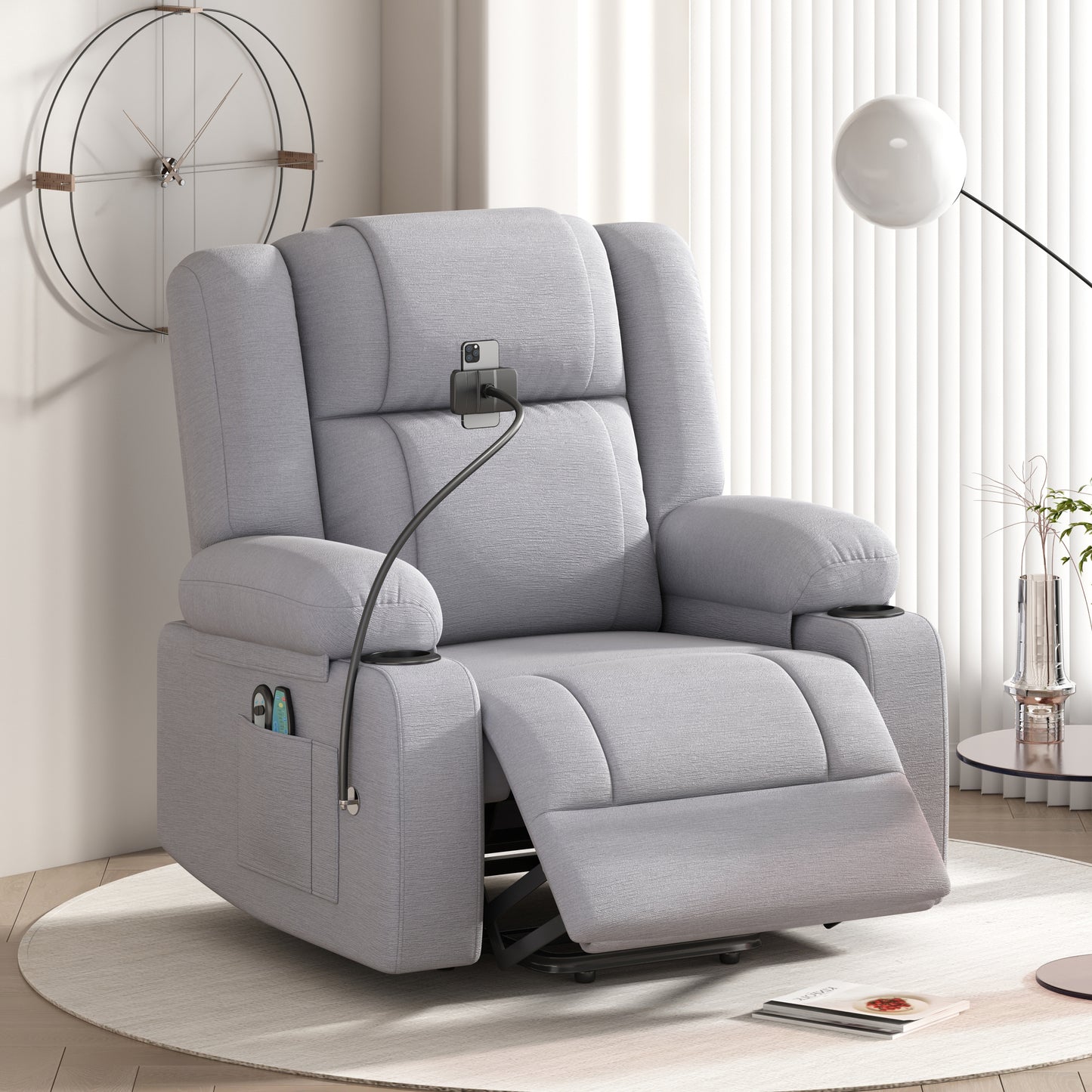 Power Lift Recliner Chair Electric Recliner for Elderly Recliner Chair with Massage and Heating Functions, Remote, Phone Holder Side Pockets and Cup Holders for Living Room, Grey