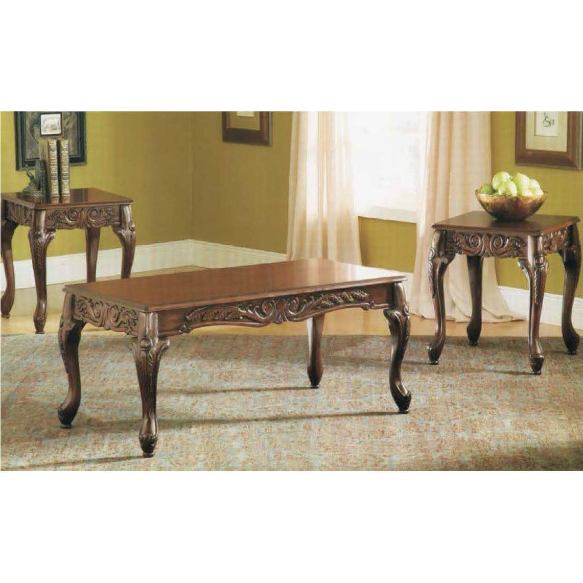 3Pc Dark Cherry Finish Coffee & End Table Set