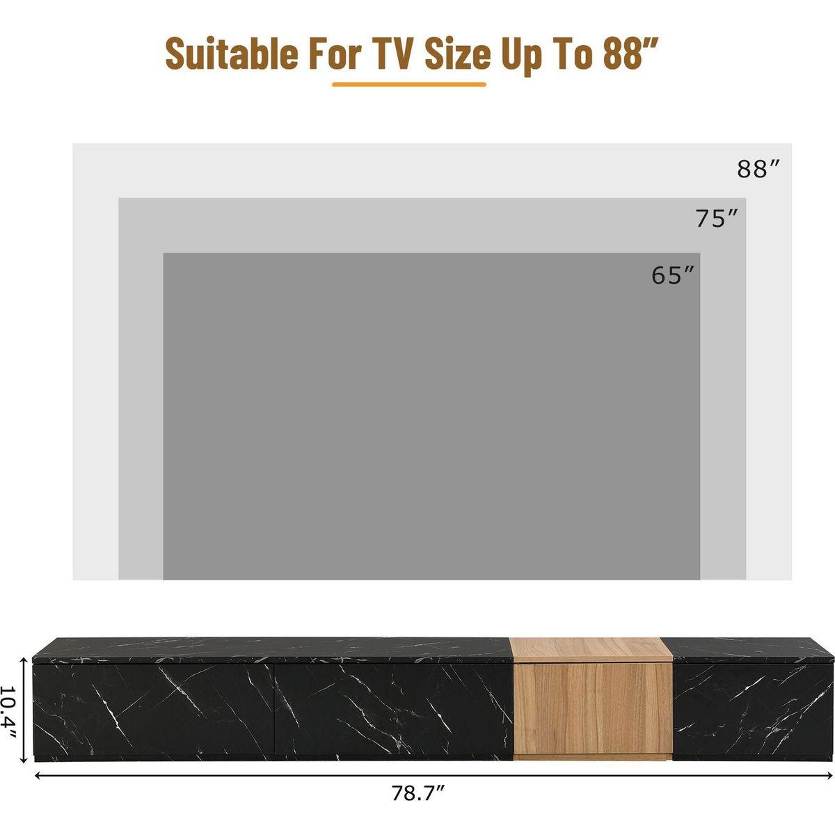 TV Stand with Faux Marble and Walnut Wood Grain Finish for TVs up to 88", Modern Free-Combination Entertainment Center with 4 Storage Drawers for Living Room, Black