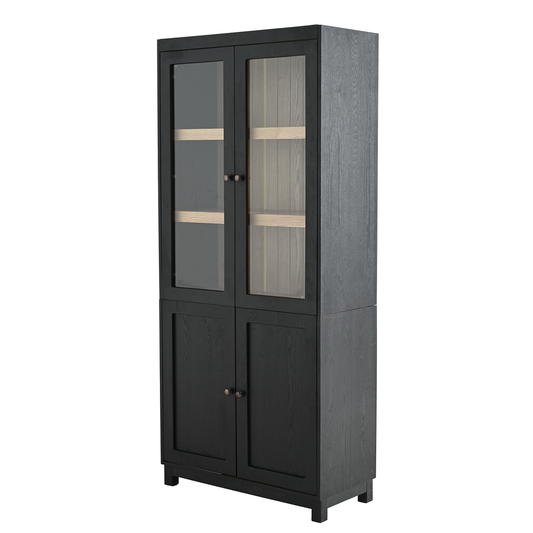 Mid-century Modern Style 74.5'' Tall Display Cabinet with Glass Doors for Collectibles in Black MDF