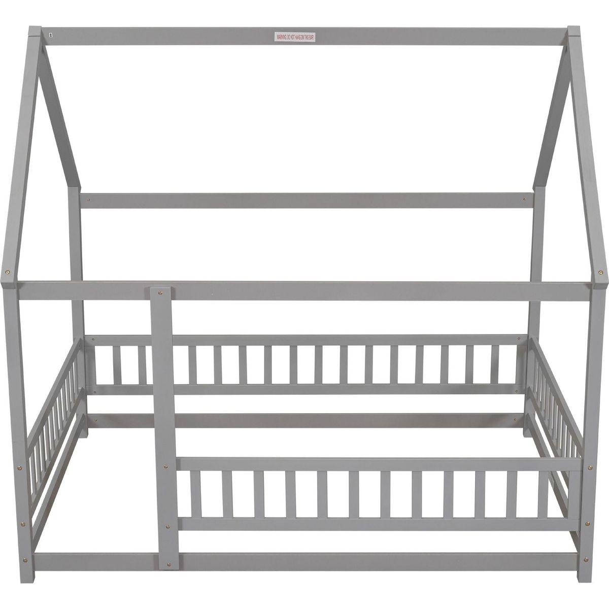 Full Size Floor Wooden Bed with House Roof Frame, Fence Guardrails, Grey