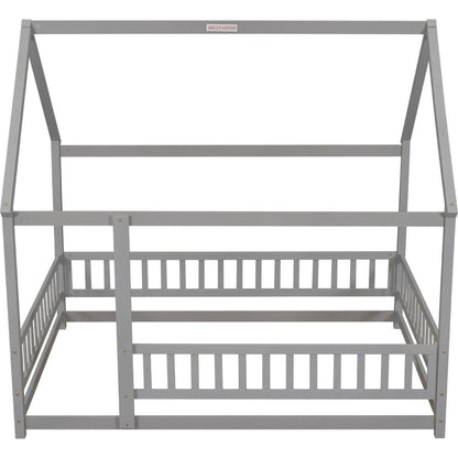 Full Size Floor Wooden Bed with House Roof Frame, Fence Guardrails, Grey