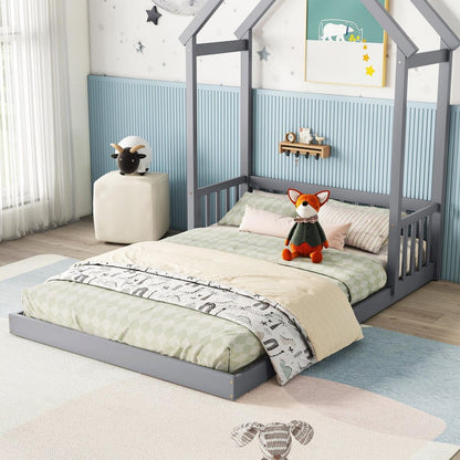 Full Roof-framed Headboard Floor Bed with Headboard Guardrails, without Slats, Grey