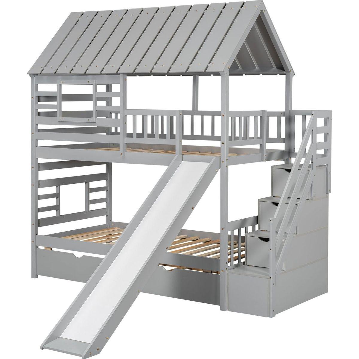 Twin over Twin House Bunk Bed with Trundle and Slide, Storage Staircase, Roof and Window Design, Gray