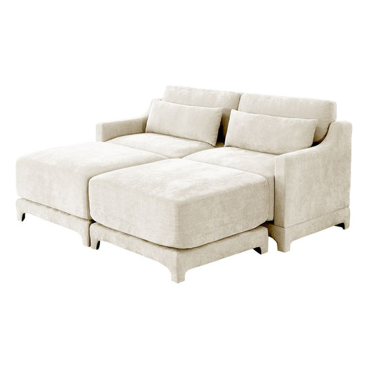 Elegant Beige Chenille Two-Seater Sofa with Ottomans and Lumbar Pillows