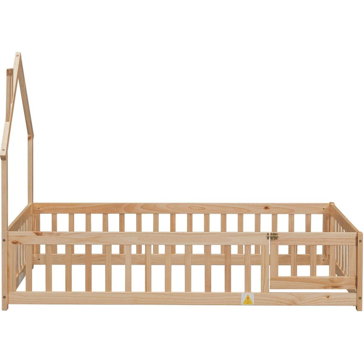 Twin House-Shaped Headboard Floor Bed with Fence ,Natural