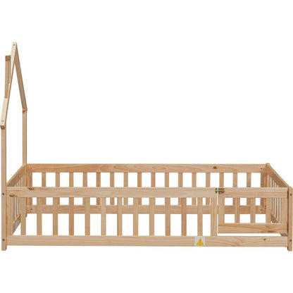 Twin House-Shaped Headboard Floor Bed with Fence ,Natural