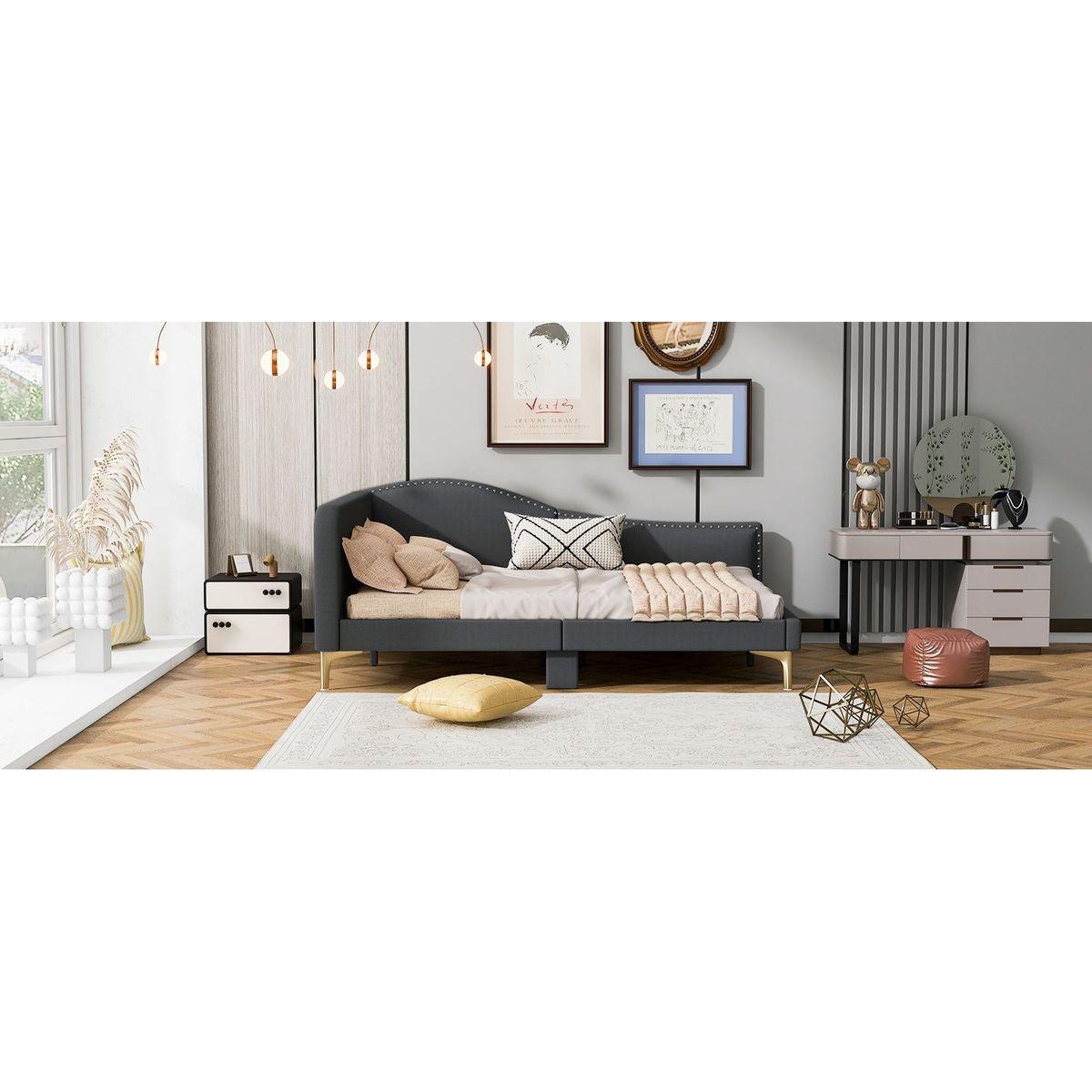 Full Size Upholstered Daybed with Headboard and Armrest, Support Legs, Grey