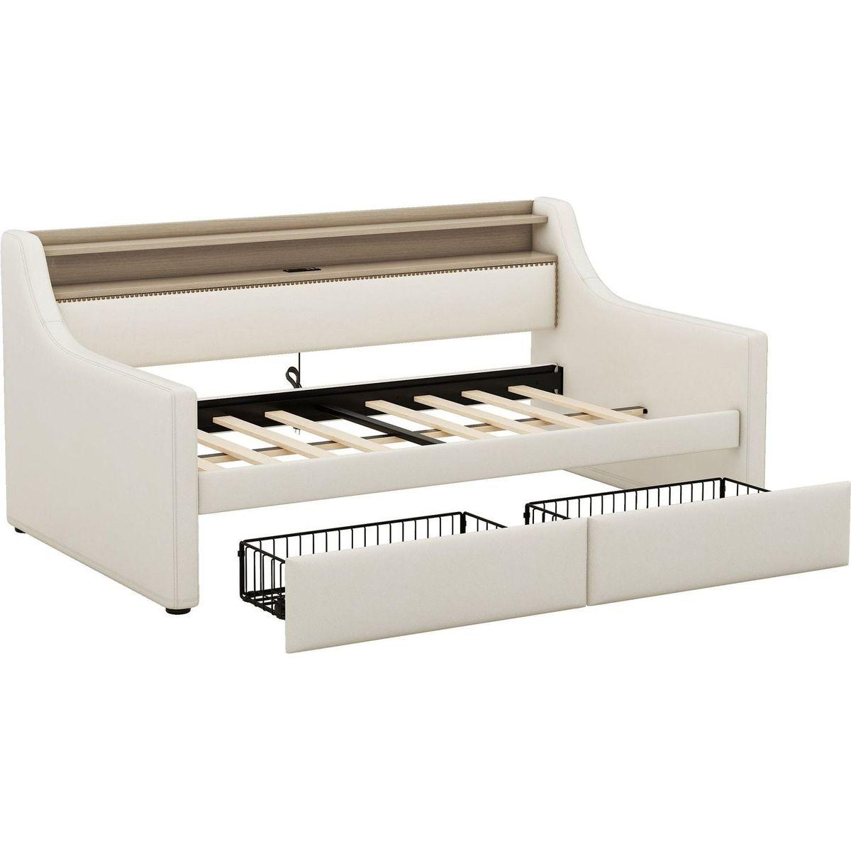 Twin Size Daybed with Storage Drawers, Upholstered Daybed with Charging Station and LED Lights, Beige