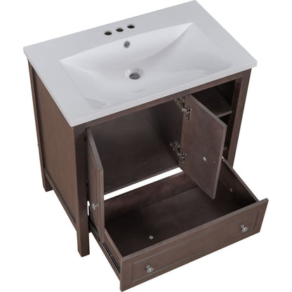 30" Bathroom Vanity with Sink, Bathroom Storage Cabinet with Doors and Drawers, Solid Wood Frame, Ceramic Sink, Brown