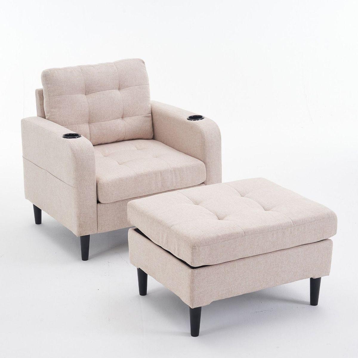 Beige Upholstered Armchair and Storage Ottoman Set - Comfortable Single Sofa with Cup Holders and Tufted Detailing, Ideal for Living Room or Bedroom