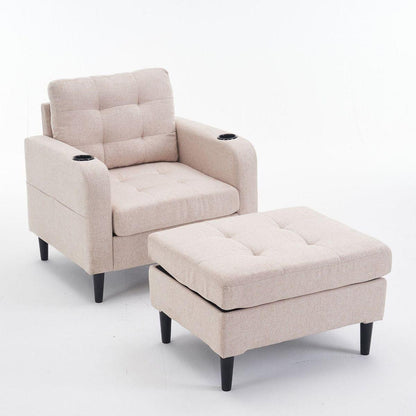 Beige Upholstered Armchair and Storage Ottoman Set - Comfortable Single Sofa with Cup Holders and Tufted Detailing, Ideal for Living Room or Bedroom