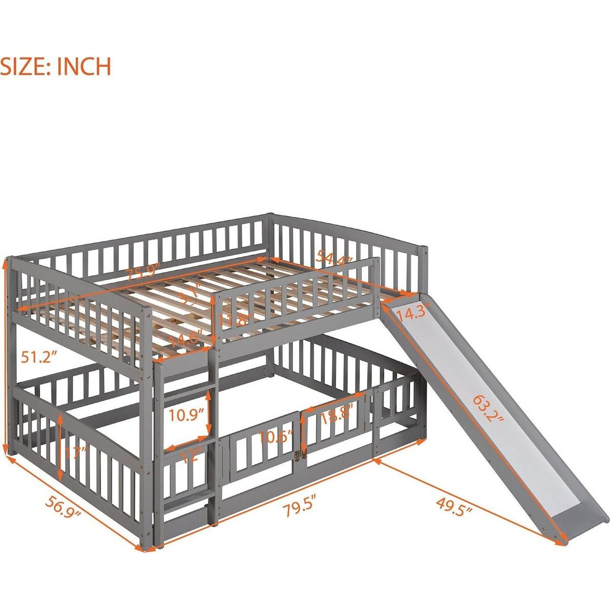 Bunk Bed with Slide,Full Over Full Low Bunk Bed with Fence and Ladder for Toddler Kids Teens Gray
