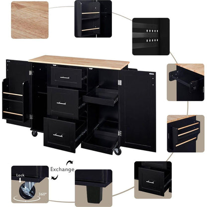 Rolling Kitchen Island with Storage, Kitchen Cart with Rubber Wood Top, 3 Drawer, 2 Slide-Out Shelf and Internal Storage Rack, Kitchen Island on Wheels with Spice Rack & Tower Rack, Black