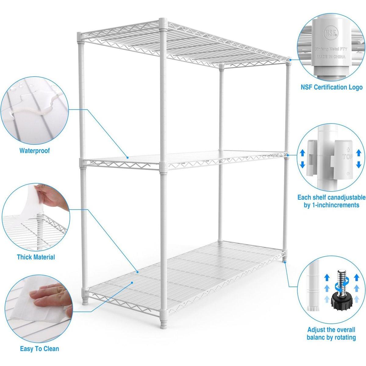 3 Tier Wire Shelving Unit, 1050 LBS NSF Height Adjustable Metal Garage Storage Shelves, Heavy Duty Storage Wire Rack Metal Shelves - White