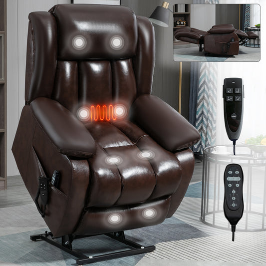 Dual Motor Infinite Position Up to 350 LBS Electric Medium size Genuine Leather Brown Power Lift Recliner Chair with 8-Point Vibration Massage and Lumbar Heating