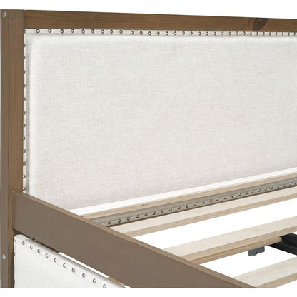 Full Size Upholstered Daybed with Trundle and Nailhead Decoration, Wood Color