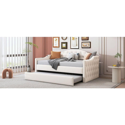 Twin Size Tufted Upholstered Daybed with Trundle, Velvet Sofabed with USB&Type-C Charging Ports,No Box-spring Needed, Beige